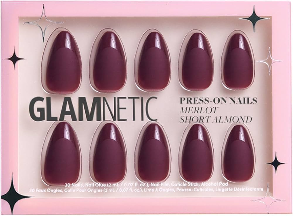 Glamnetic Press On Nails - Merlot | Short Almond Dark Red Nails with Glossy French Tips in a Matt... | Amazon (US)