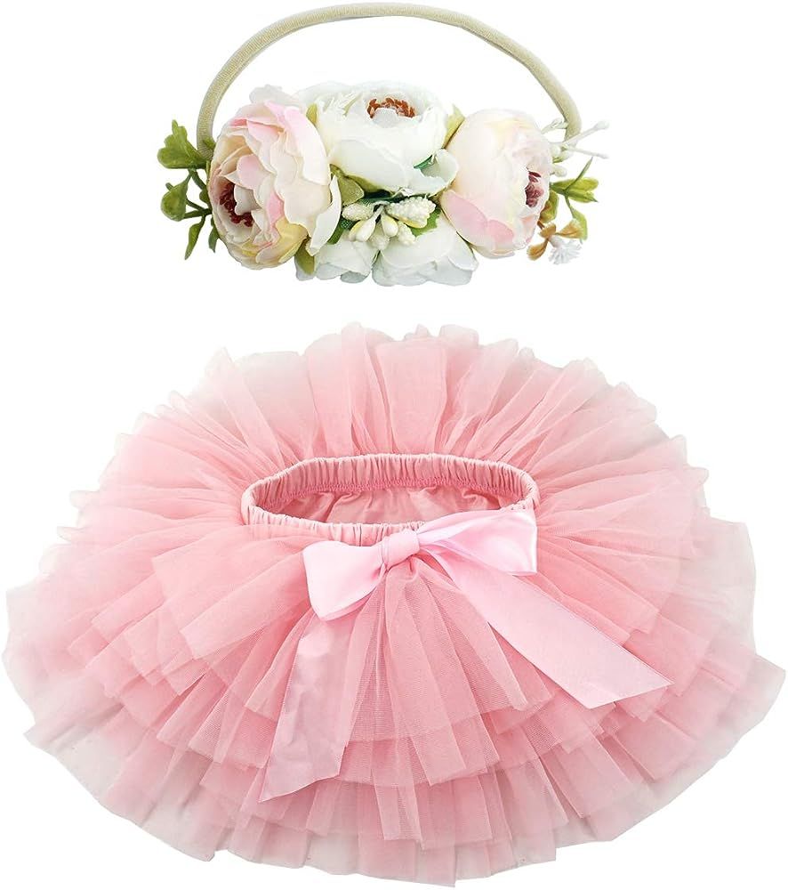 BGFKS Baby Girls Soft Fluffy Tutu Skirt with Diaper Cover,Toddler Girl Tutu Skirt Sets with Flower H | Amazon (US)