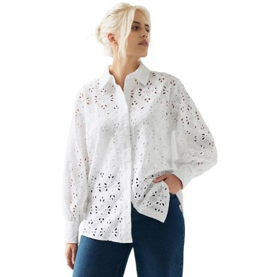 ellos Eyelet Button Front Shirt With Blouson Sleeves - 10, White | Target