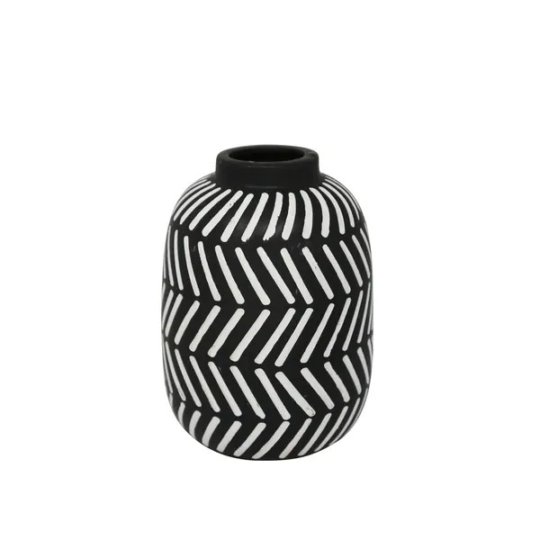 Ceramic Round Shaped Vase with Tribal Pattern, Black and White | Bed Bath & Beyond