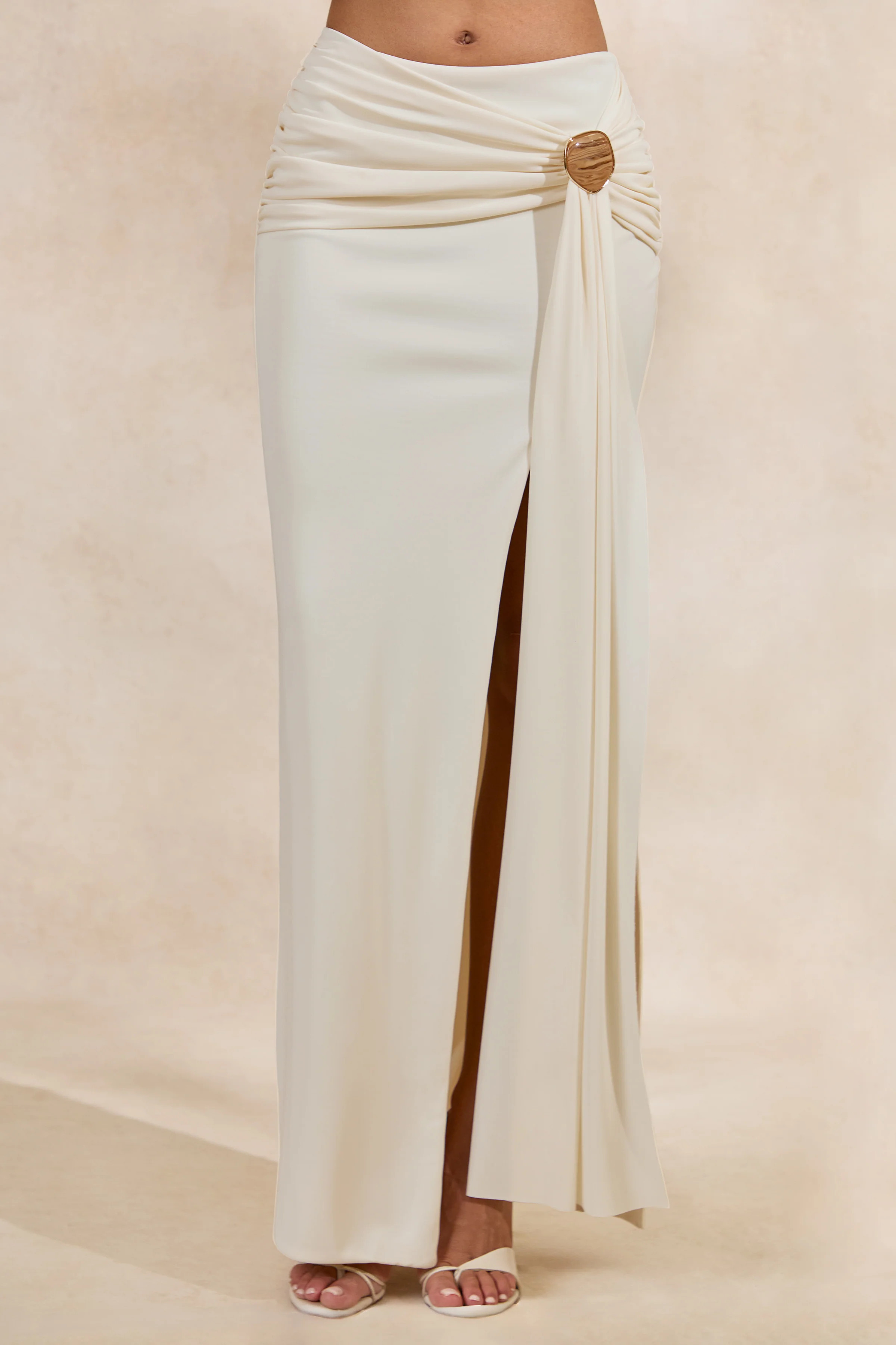 Liviana | Cream Maxi Skirt With Gathered Detailing And Gold Detail | Club L London