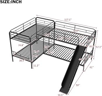 MOEO Twin Size L-Shaped Bunk Bed with Slide, Metal Bunkbed Frame w/Ladder & Safety Guardrail for ... | Amazon (US)