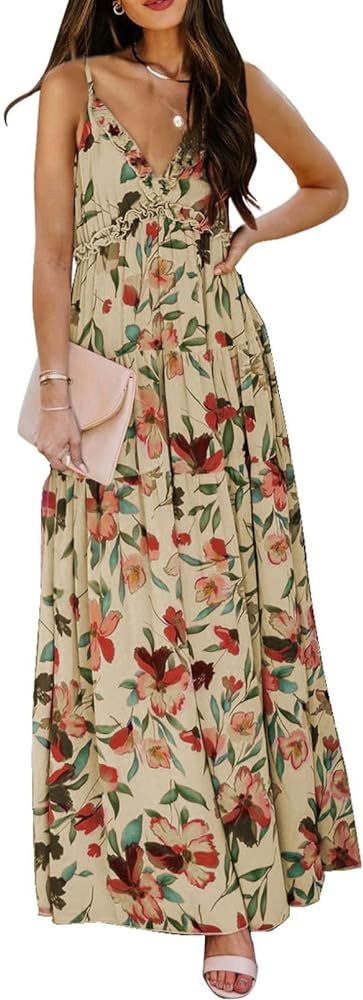 BLENCOT Women's Casual Boho Floral Printed Deep V Neck Loose Sleeveless Long Evening Dress | Amazon (US)