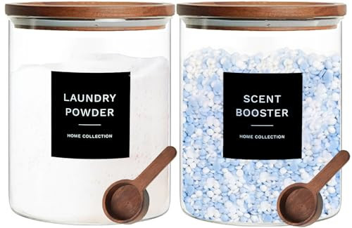 Glass Laundry Storage Containers with Acacia Lids and Scoops, 2 Pack Laundry Room Organization Jars with Labels, Powder Detergent Organizer and Laundry Pod Holder, Glass Laundry Beads Canisters Set | Amazon (US)