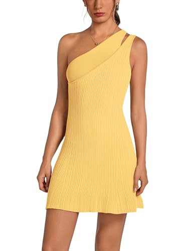 ABOCIW Tennis Dresses for Women,Athletic Dress with Built-in Shorts Knit One Shoulder Womens Exercise Sports Golf Workout Dresses Activewear Outfits Yellow X-Small | Amazon (US)