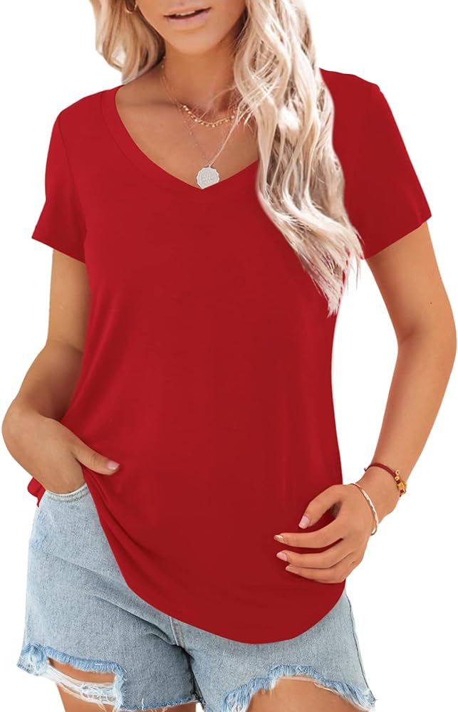 Beluring V Neck T Shirts for Women Casual Solid Tops Short Sleeve Blouses | Amazon (US)