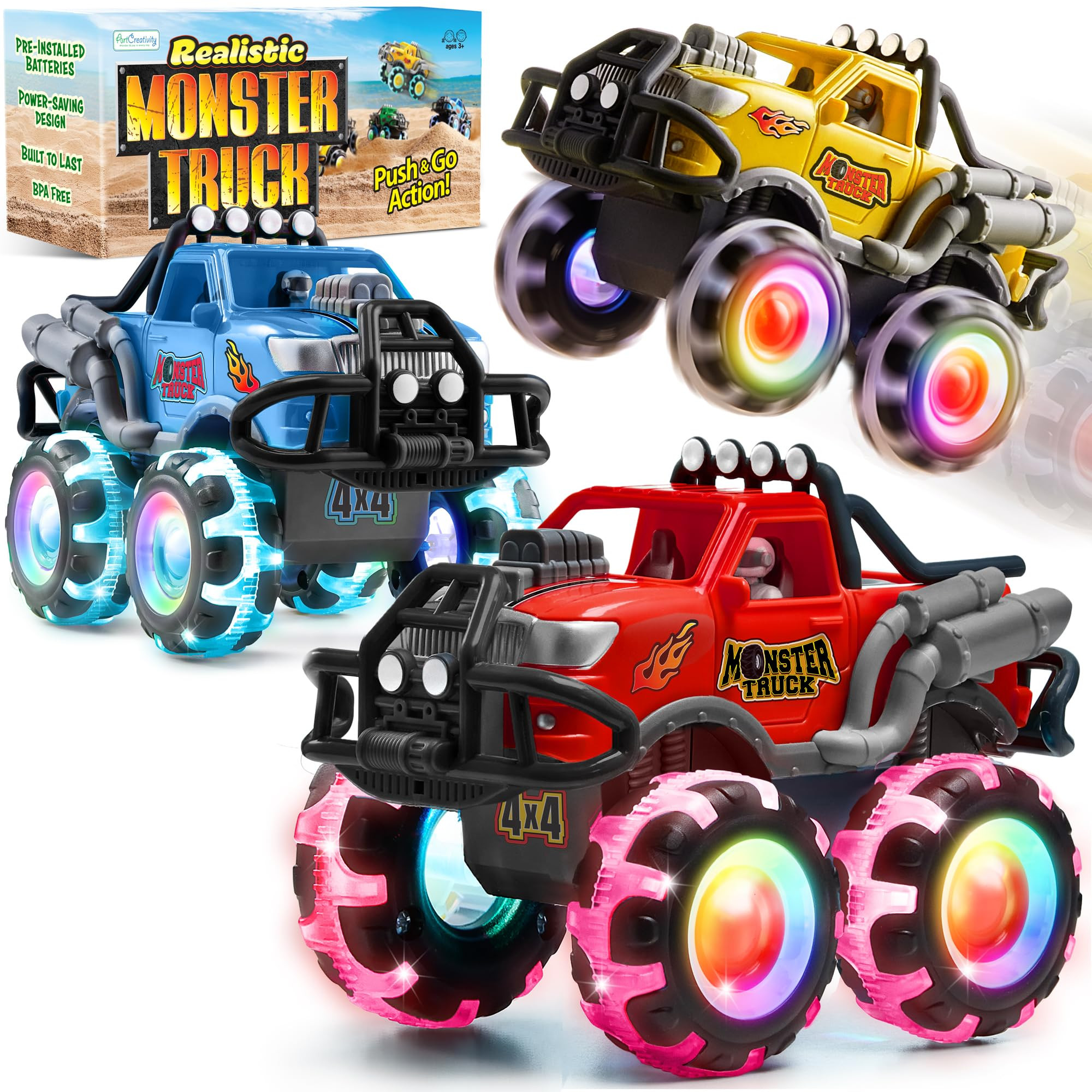 ArtCreativity Monster Truck Toys 3 Pack with Motion Activated Light up Wheels Friction Powered Pu... | Amazon (US)