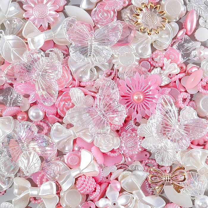 250PCS 3D Flatback Beads Pink White Assorted Flower Bows Butterfly Beads with Flat Back Pearl Rou... | Amazon (US)