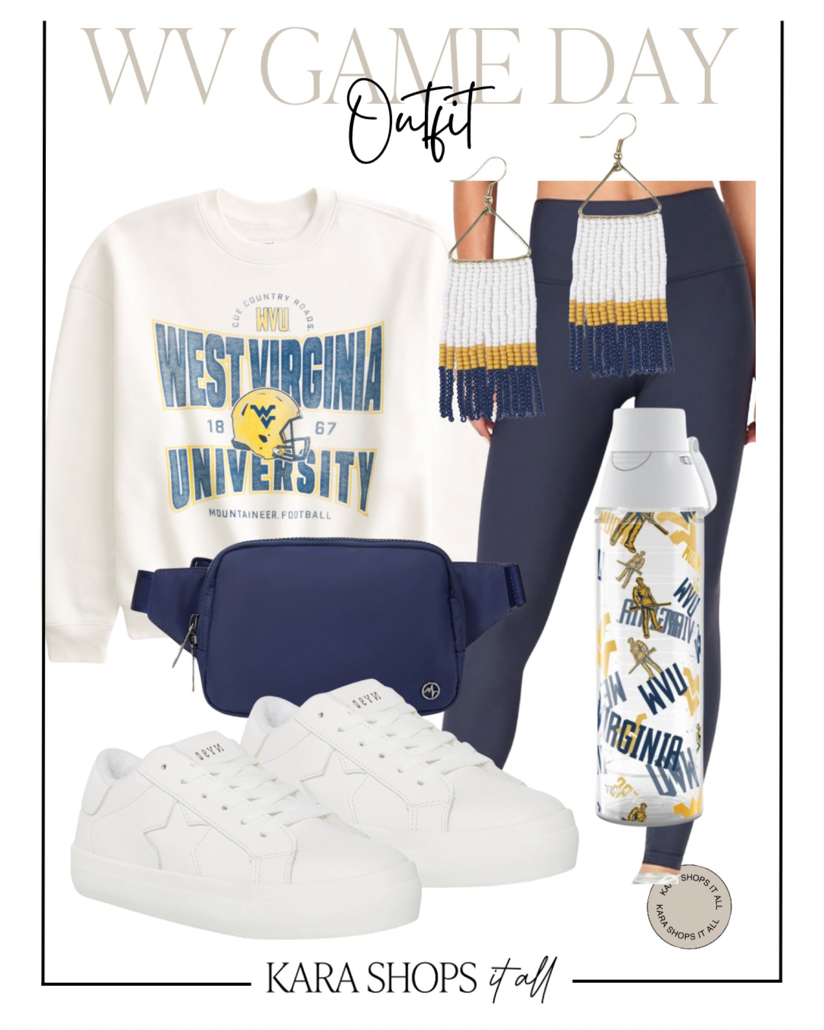 West Virginia Game Day style! Leggings, crewneck, tumbler, belt bag, sneakers, earrings! 

#LTKStyleTip #LTKSaleAlert #LTKFallSale