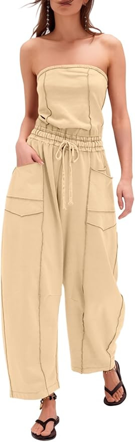 Sexyasasii Womens Casual Strapless Jumpsuits Off Shoulder Long Wide Leg Pants Drawstring One Piec... | Amazon (US)