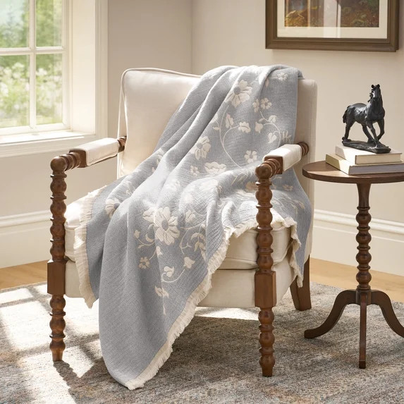 The Pioneer Woman Floral Gauze Oversized Throw Blanket with Fringe Blue 50\u201d x 72\u201d | Walmart (US)