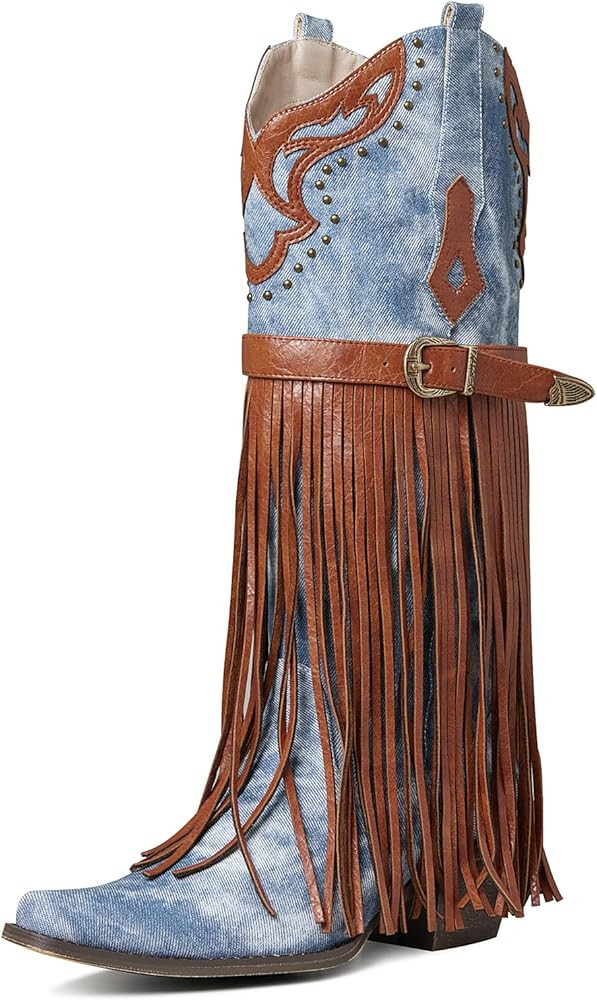 SaraIris Women's Western Boots Mid Calf Boots Buckle Strap Cowgirl Boots Chunky Heel Fashion Poin... | Amazon (US)