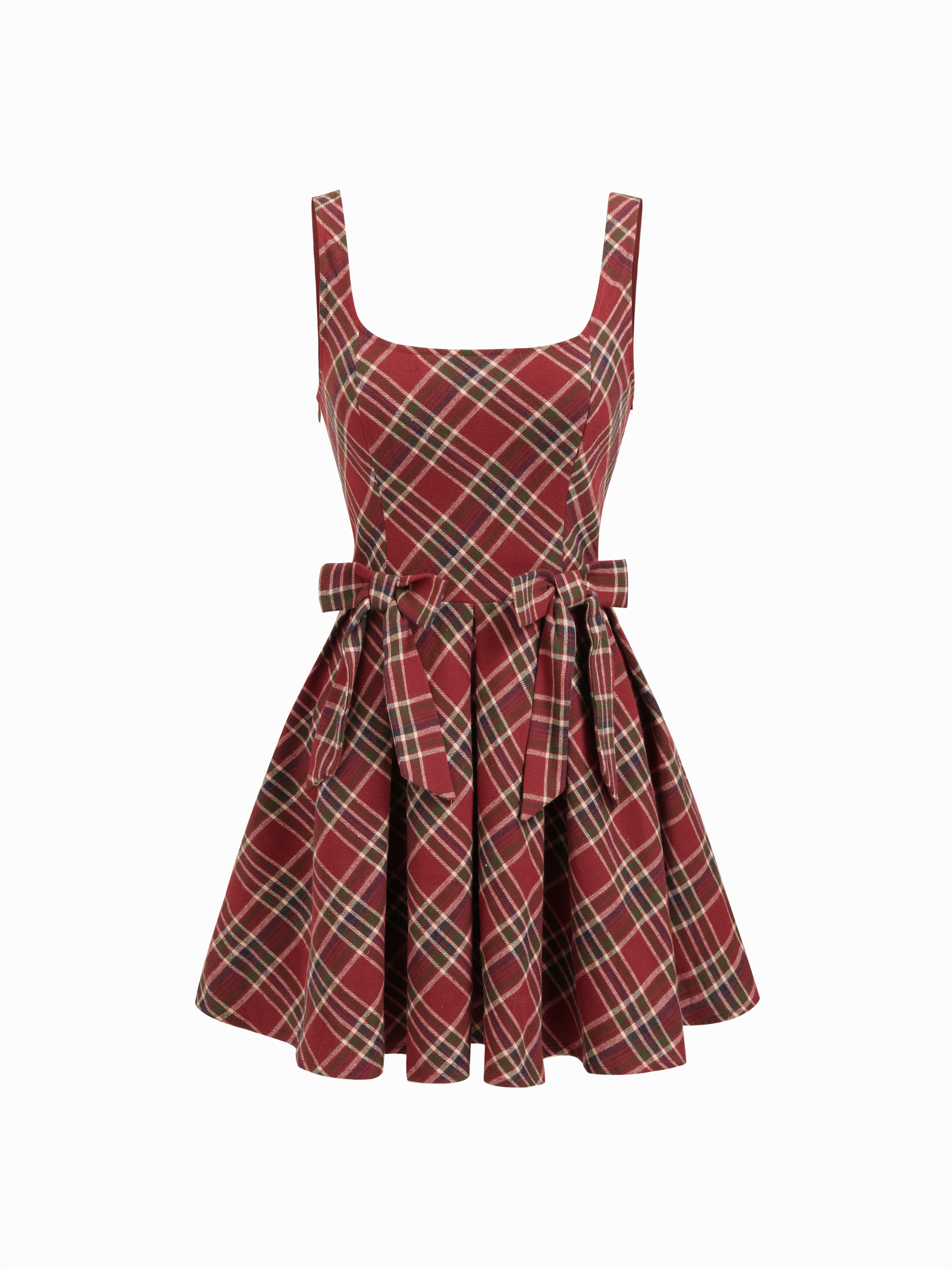 Woven Cotton Scoop Neckline Plaid Bowknot Mini Dress For Daily Casual Date | Cider