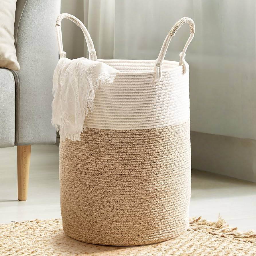 Laundry Basket – Laundry Hamper for Clothes, Blankets, Yoga Mat – Woven Cotton Rope Basket fo... | Amazon (US)