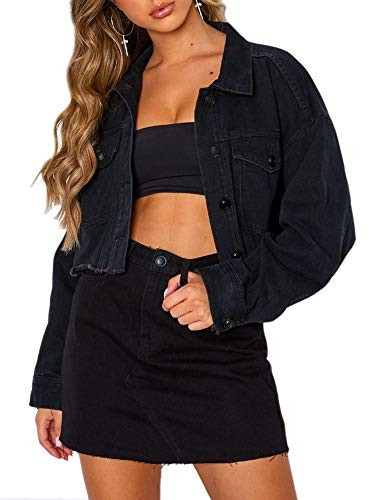 Justalwart Cropped Jean Jacket Women Black Denim Jacket (S, Washed black cropped denim jacket) | Amazon (US)