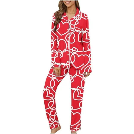 VONCOS Womens Valentine s Day Pajamas- Sleepwear Love Print Two-piece Loungewear Long Sleeved Tops and Pants Button-Down Pj Set Red Size 3XL | Walmart (US)
