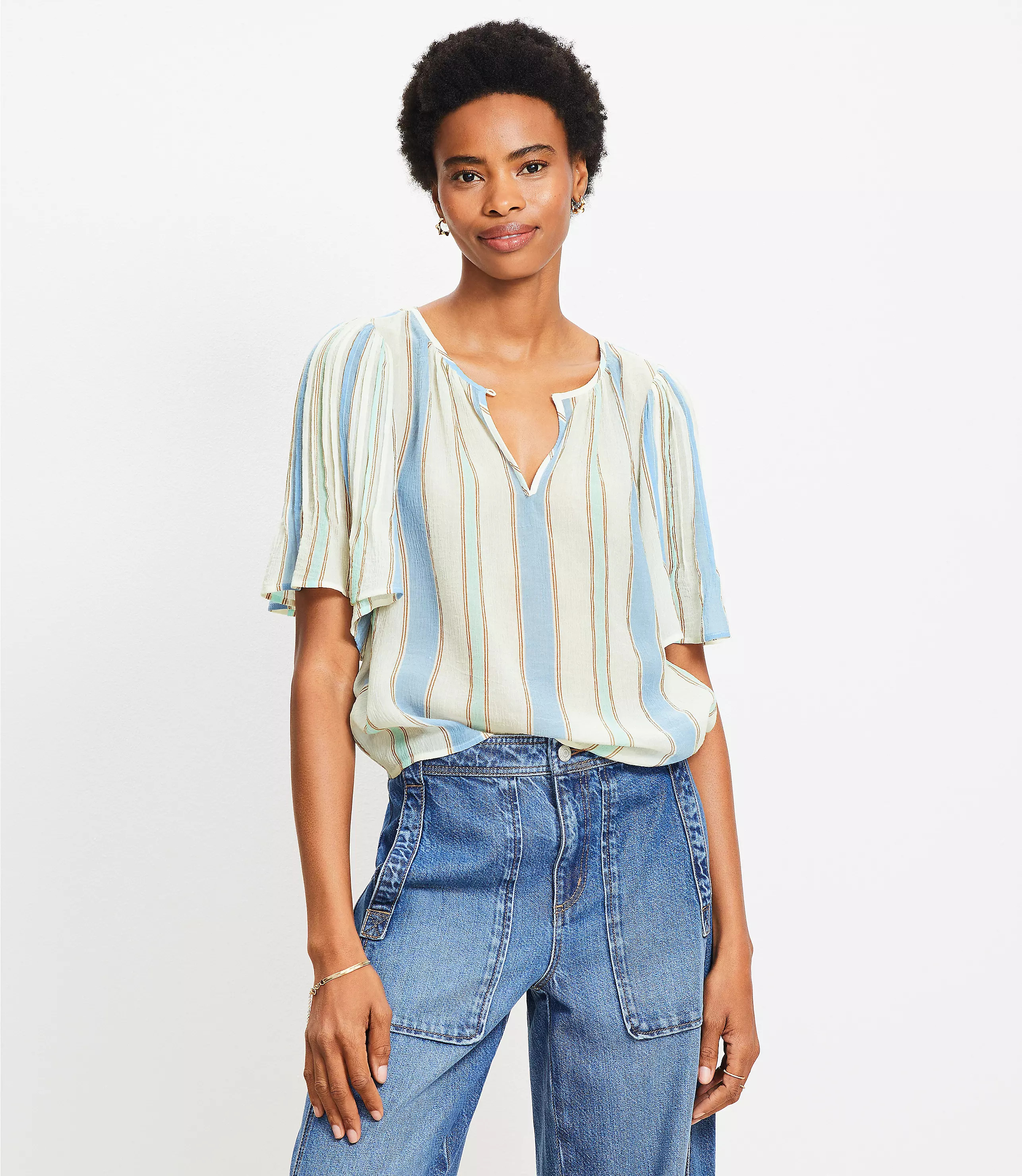 Stripe Pleated Sleeve Blouse | LOFT