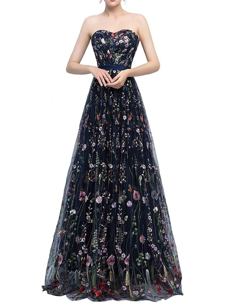 Women's Floral Embroidered Tulle Prom Maxi Dress A Line Evening Gowns A-Navy Blue | Amazon (US)