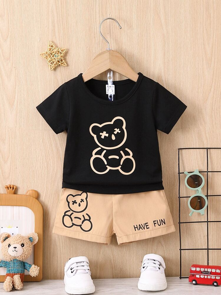 Baby Bear Print Tee & Letter Graphic Shorts | SHEIN