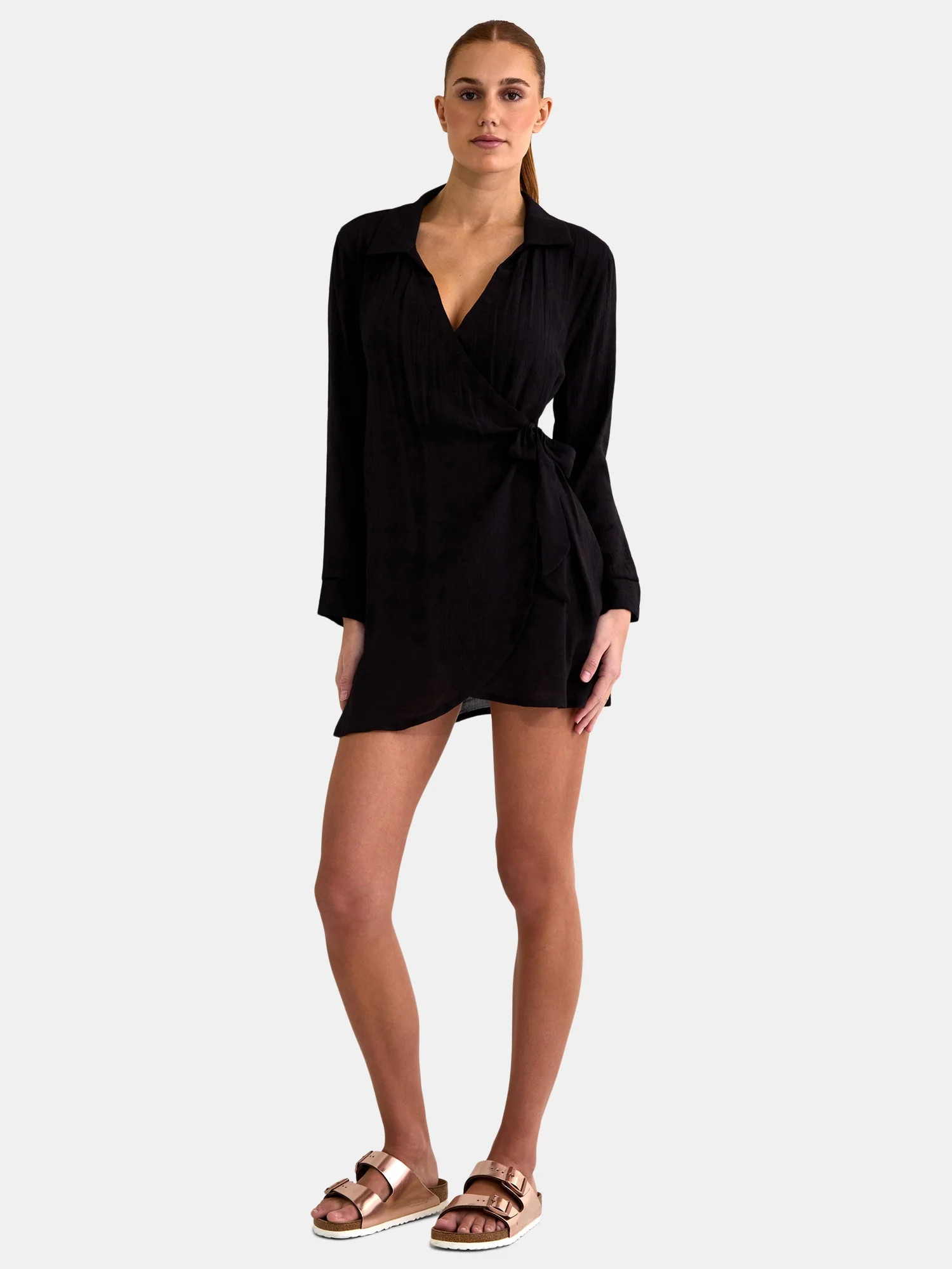 Time and Tru Women’s and Women’s Plus Coverup Wrap Dress with Long Sleeves, Sizes XS-3X | Walmart (US)