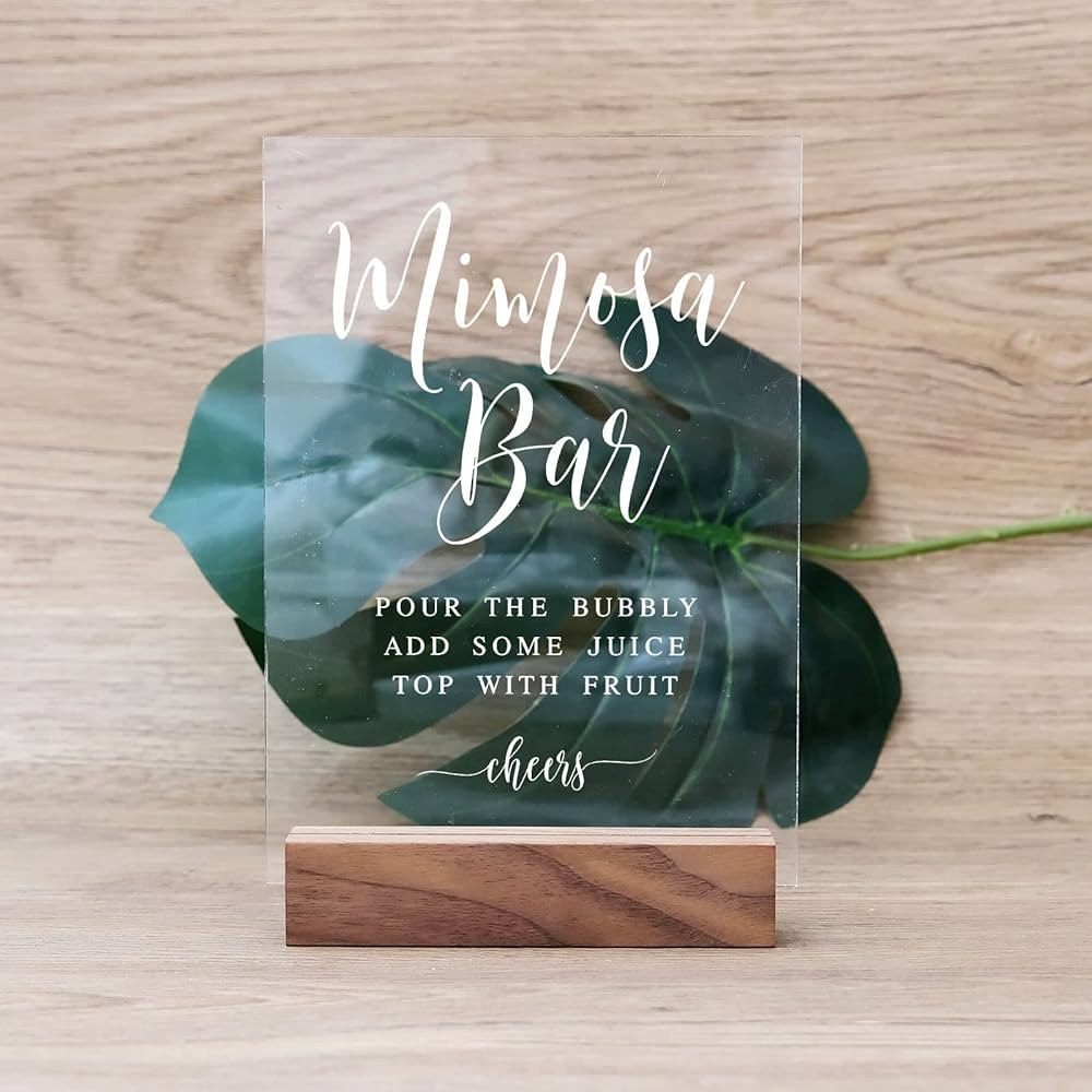 Acrylic Mimosa Bar Sign with Wood Stand- 5” x 7" Glass Look Clear Acrylic Wedding Signage Mimos... | Amazon (US)
