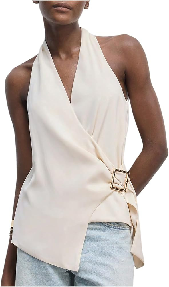 Floerns Women's Elegant Wrap Front Halter Top Metal Buckle Sleeveless Office Camisole | Amazon (US)