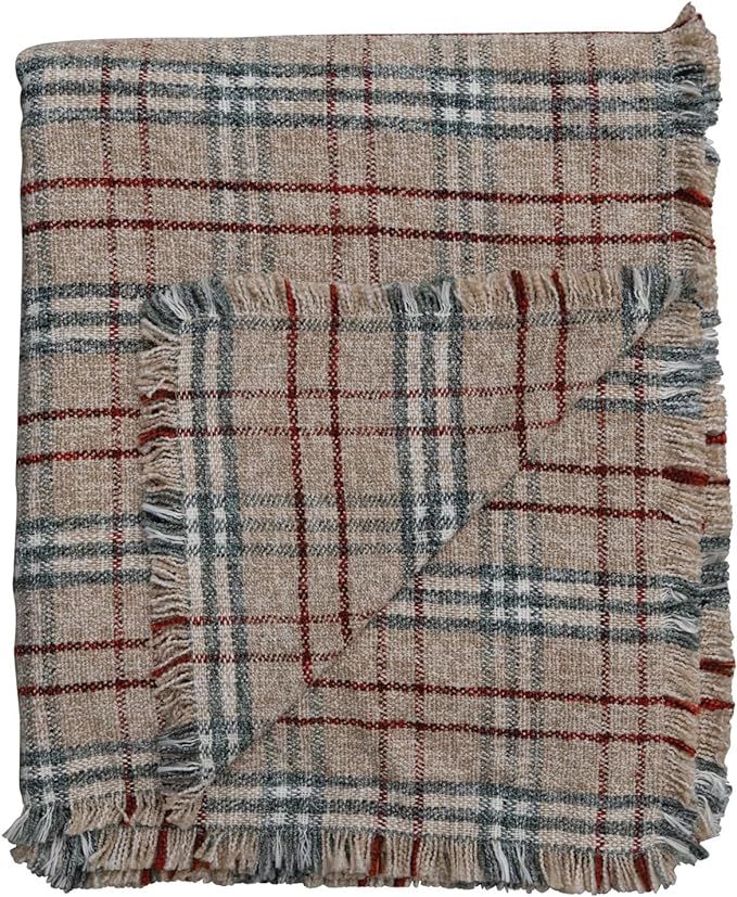 Creative Co-Op Fabric Blend Blanket with Fringe Plaid, Multicolor Throws, 60" L x 50" W x 0" H | Amazon (US)