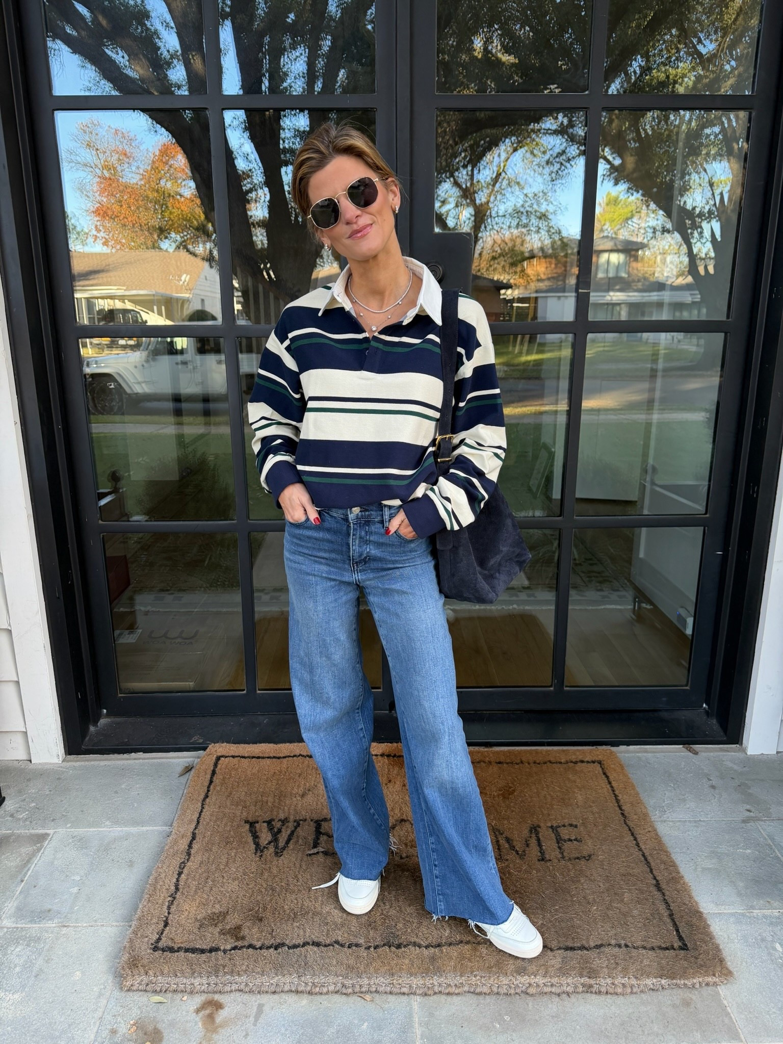 Navy striped rugby lioness polo (wearing XS) & Frame Palazzo wide leg pant 