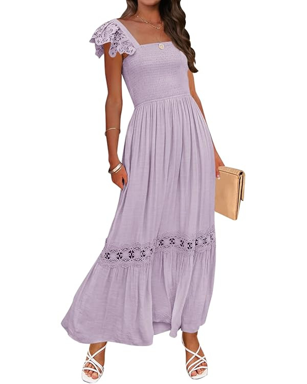 ZESICA Women's 2024 Summer Lace Strap Sleeveless Square Neck Smocked High Waist Ruffle Hollow Out... | Amazon (US)