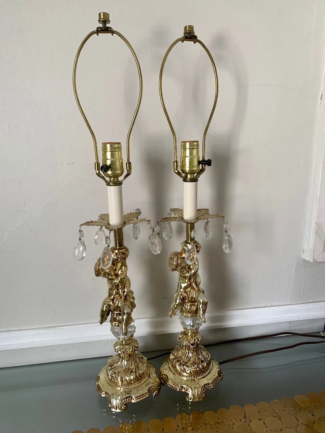 Pair of Vintage Gold Tone Cherub and Crystal Table Lamps No Shades | Etsy (US)