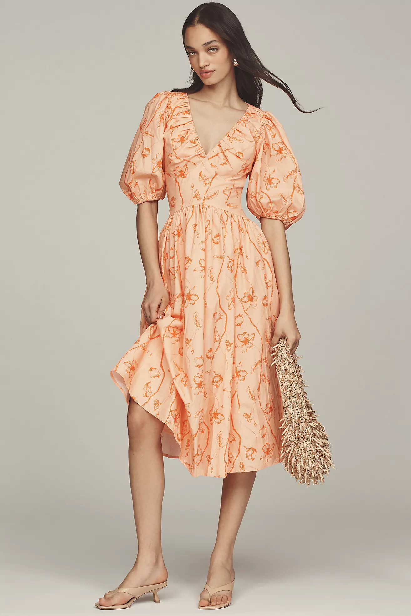 Hutch Madilyn Puff-Sleeve V-Neck Midi Dress | Anthropologie (US)
