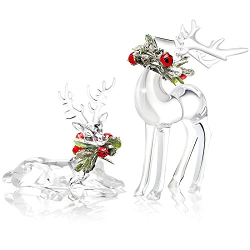 Queekay 2 Pcs Acrylic Christmas Reindeer Ornaments Clear Deer Figurine and Reindeer Table Top Decorations Holiday Table Centerpiece（Pretty Style） | Amazon (US)