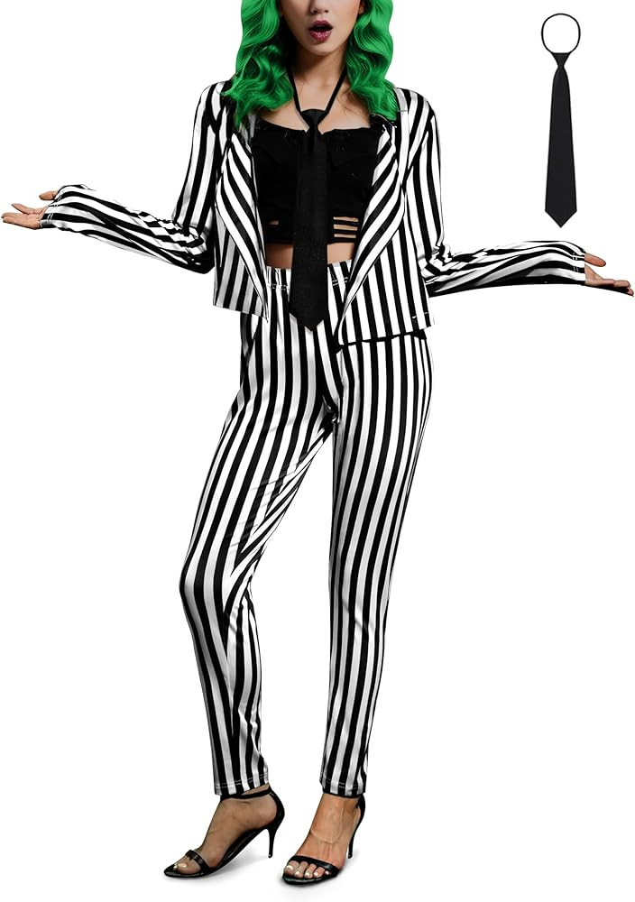 Women's Halloween Open Front Blazer Black and White Vertical Striped Pantsuit Costume Set | Amazon (US)