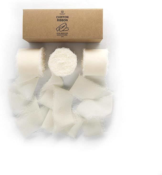 Vitalizart 3 Rolls Handmade Fringe Chiffon Silk Ribbon 1.5" x 7Yd Cream White Ribbons Set for Wed... | Amazon (US)