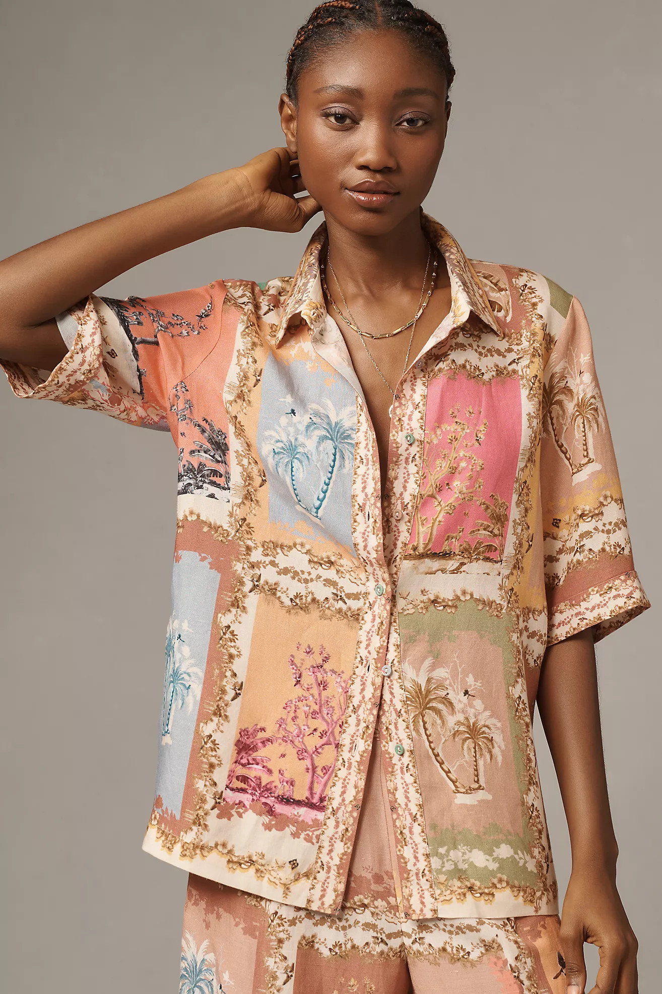 Ranna Gill Tropical Print Linen Collared Blouse | Anthropologie (US)