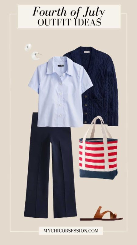 This coastal-inspired look features a short-sleeved French blue button-down. On the bottom, try a pair of navy blue sweater pants. Over your shoulders, tie a cableknit cardigan for a chic and elevated touch. A canvas tote with a patriotic pattern and leather sandals complete the look.

#LTKStyleTip #LTKSeasonal