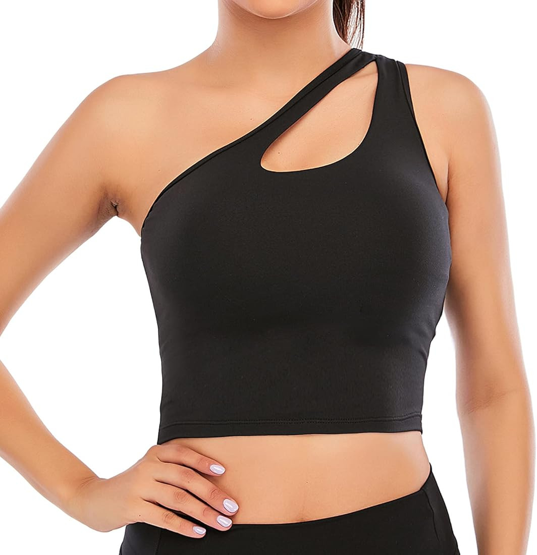 One Shoulder Sports Bras for Women Medium Support Longline Padded Yoga Crop Tank Top with Built i... | Amazon (US)