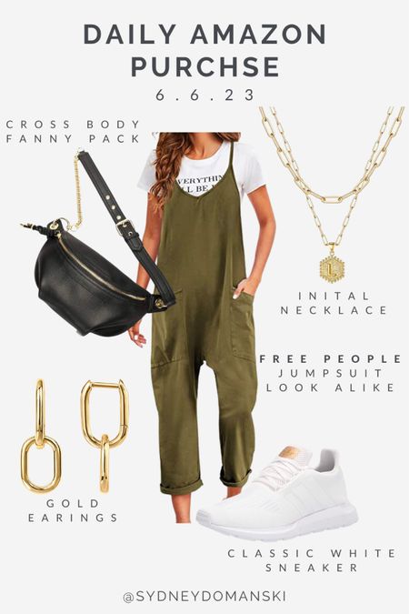 This casual yet trendy outfit is perfect for the summer and can even work in the fall! So excited to put this order in! Wear it for a casual day out or on a travel day! The Free people look alike jumpsuit, white sneakers and a black cross body/Fanny pack with gold jewelry. 

#LTKSeasonal #LTKtravel #LTKstyletip