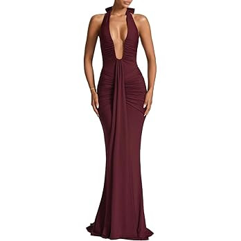 Women's Sexy Deep V-Neck Maxi Dress Sleeveless Halter Ruched Bodycon Formal Cocktail Party Evenin... | Amazon (US)