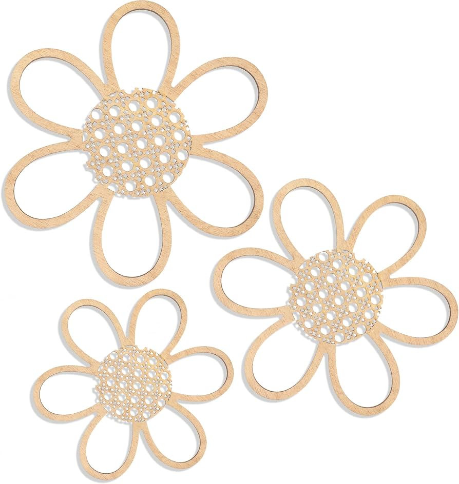 Maitys 3 Pieces Boho Daisy Wall Decor Natural Rattan Flower Wall Hanging Art Wooden Boho Wall Art... | Amazon (US)