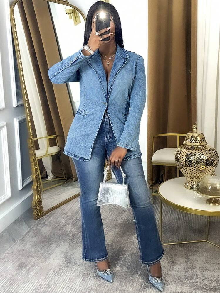 Women's Buttoned Denim Blazer Jacket – Stylish Casual Outerwear For All Seasons, Versatile Long... | SHEIN