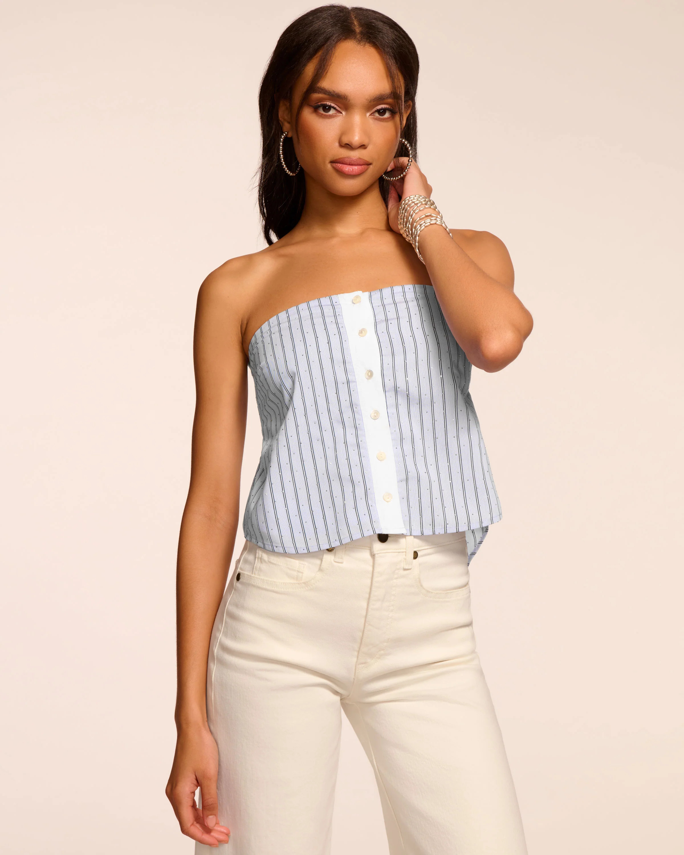 Liberty Strapless Embellished Top in Blue Stripe | Ramy Brook