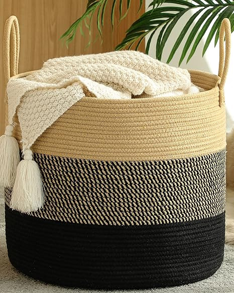 KAKAMAY Large Blanket Basket (18"x18"x16"),Woven Baby Laundry Hamper for Storage, Cotton Rope Bla... | Amazon (US)