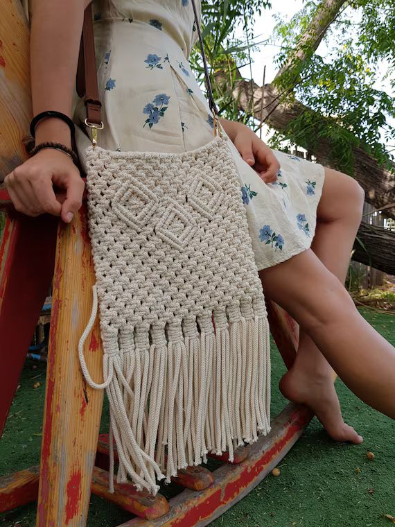 Fringe Cotton Macrame Small Shoulder Rope Bag Summer Macrame Handmade Bohemian Holiday Accessorie... | Etsy (US)