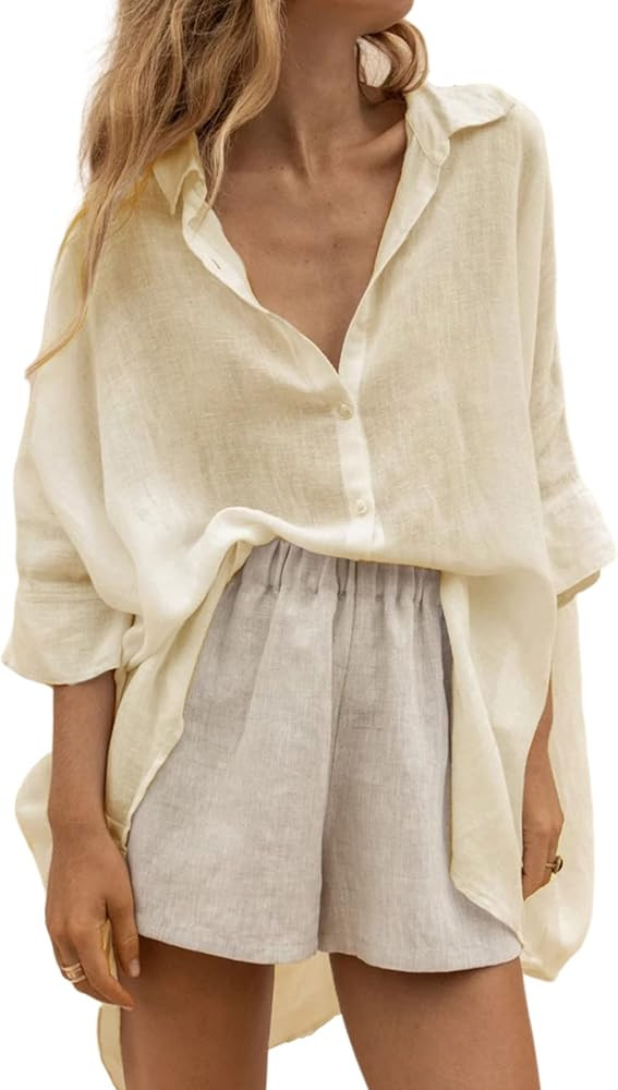 Zeagoo Women Cotton Linen Shirts Casual Button Down Blouse Tops Beach Coverups | Amazon (US)