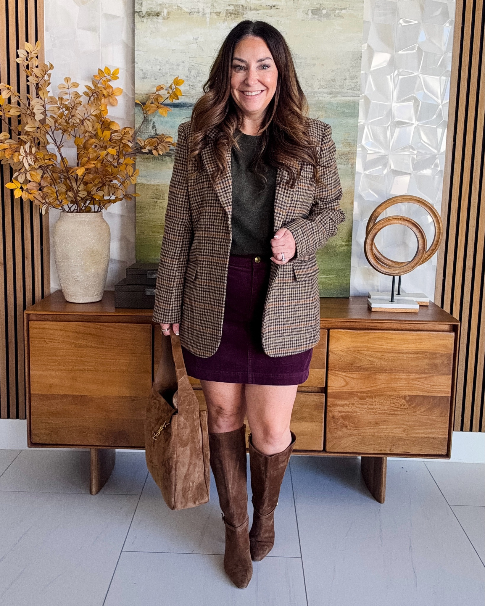 Plaid blazer + olive sweater + plum corduroy skirt 🍂 My favorite fall color combo! Brown suede knee-high boots and a slouchy suede bag finish it off perfectly 🤎

Sizing: Blazer | Sweater | Skirt | Boots 

 #LTKover40 #LTKstyletip #LTKmidsize #LTKshoecrush