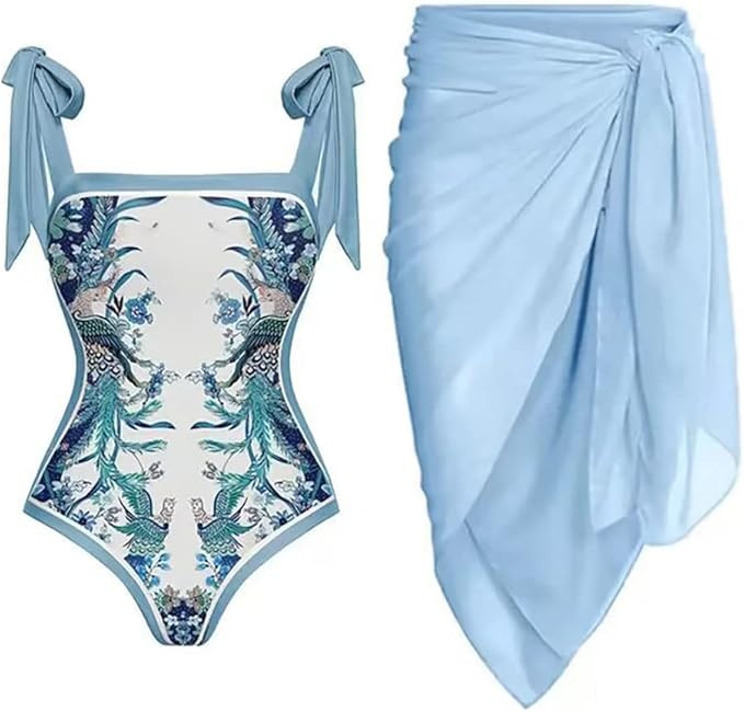 IBTOM CASTLE Women One Piece Swimsuit with Long Cover up Wrap Skirt Two Piece Bathing Suit Retro ... | Amazon (US)