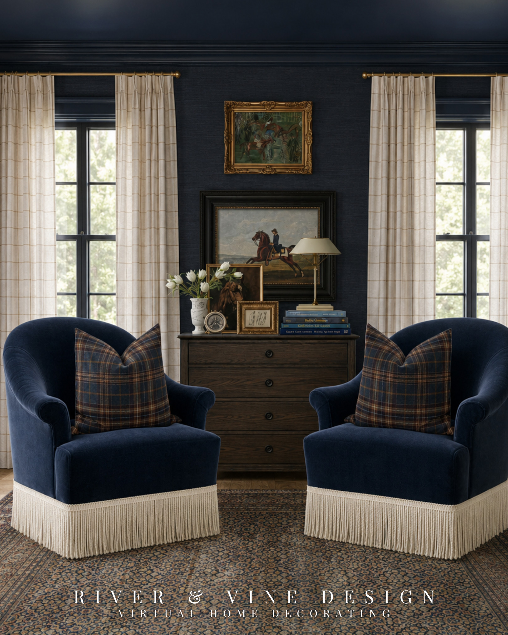 A pair of navy velvet chairs instantly elevates any bedroom, sitting room, or library. Paired with plaid pillows, vintage-inspired equestrian art, warm wood furniture, and brass lighting, this corner feels collected, cozy, and effortlessly classic. These are the pieces I would use to create a timeless Ralph Lauren-inspired home with layers of texture and character.

Disclosure: I may earn a small commission from purchases made through my links, at no additional cost to you. 

 #LTKHome
