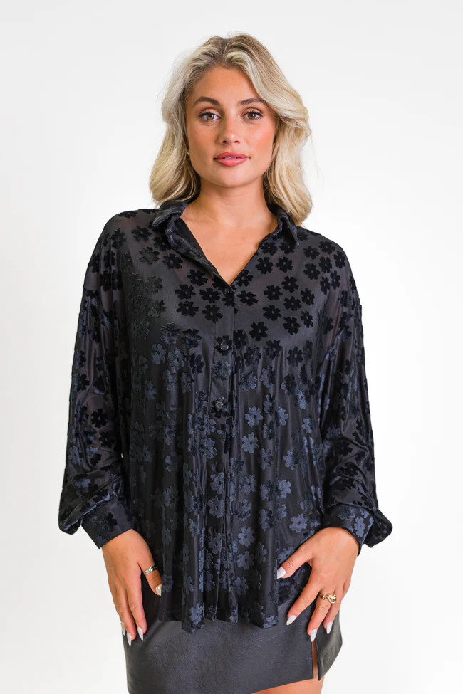Face The Day Black Velvet Floral Button Down Blouse SALE | Pink Lily