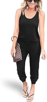 Women Summer Casual Sleeveless Tank Top Elastic Waist Loose Jumpsuit Rompers with Pockets | Amazon (US)